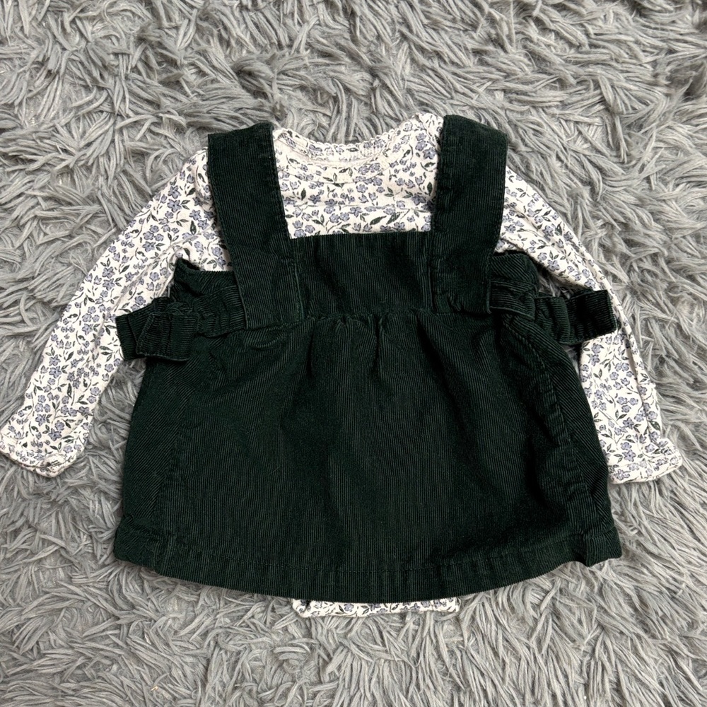Dark Green Corduroy Pinafore Dress with Floral Onesie
